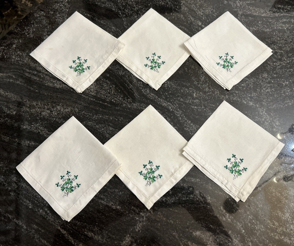 Lot of 5-VTG Handkerchief Womens Hand Embroidery Floral Hanky White Green 11x12โ